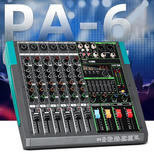 Alt view image 3 of 7 - PA6 professional DJ audio mixer 6 channel input built-in 256 kinds of DPS effects support 48V phantom power USB Bluetooth MP3 computer recording