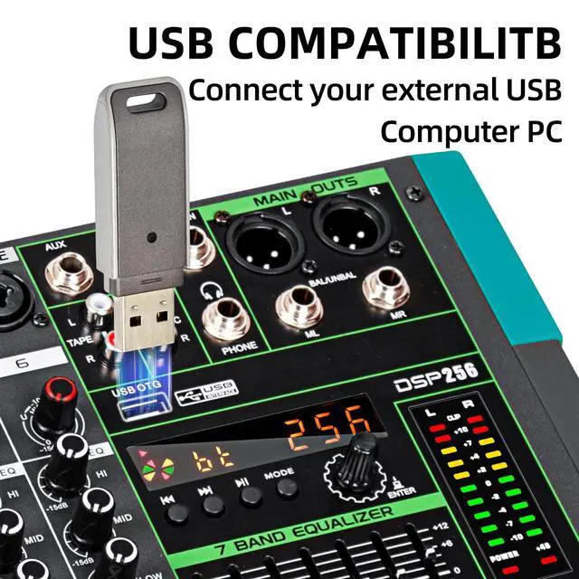 Alt view image 5 of 7 - PA6 professional DJ audio mixer 6 channel input built-in 256 kinds of DPS effects support 48V phantom power USB Bluetooth MP3 computer recording