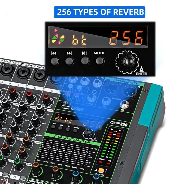 Alt view image 6 of 7 - PA6 professional DJ audio mixer 6 channel input built-in 256 kinds of DPS effects support 48V phantom power USB Bluetooth MP3 computer recording