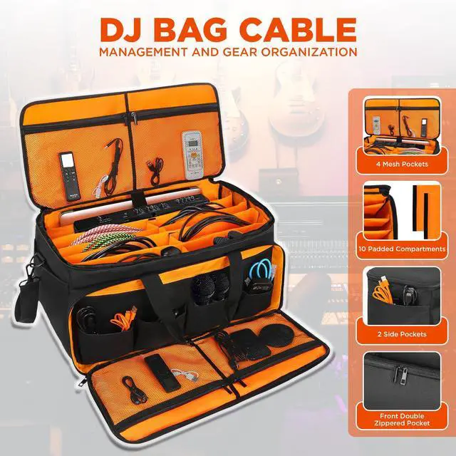 Alt view image 2 of 7 - Cable Bag Organizer & DJ Bag for Musicians: Heavy Duty Gig Bag with 17" Laptop Sleeve, Dividers for DJ Accessories, Gear & Cable Storage for Microphones, Sound, Lighting, Cords