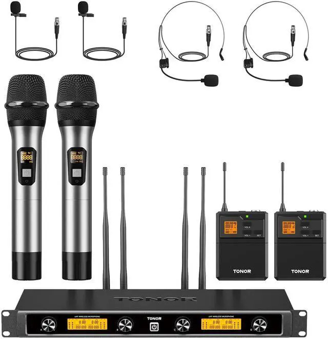 Main image of Wireless Microphones System with Metal 2 Cordless Mic and 2 Headset/Lapel/Lavalier Mic, Bodypack Transmitter, Receiver for Karaoke Church Singing Party PA Speaker, 4*10 Channels 90 m/295ft Range