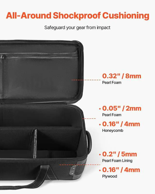 Alt view image 5 of 7 - Studio Equipment Trolley Case, 51.57 x 14.37 x 14.96 in / 131 x 36.5 x 38 cm, Rolling Camera Bag, Carrying Bag with Wheels Straps Padded Compartment Handle, for Light Stands, Tripods, Telescopes