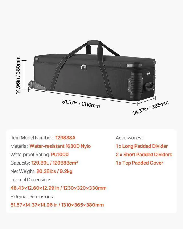 Alt view image 7 of 7 - Studio Equipment Trolley Case, 51.57 x 14.37 x 14.96 in / 131 x 36.5 x 38 cm, Rolling Camera Bag, Carrying Bag with Wheels Straps Padded Compartment Handle, for Light Stands, Tripods, Telescopes
