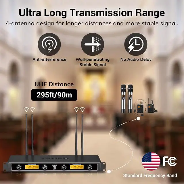 Alt view image 3 of 7 - Wireless Microphones System with Metal 2 Cordless Mic and 2 Headset/Lapel/Lavalier Mic, Bodypack Transmitter, Receiver for Karaoke Church Singing Party PA Speaker, 4*10 Channels 90 m/295ft Range