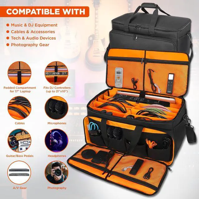 Alt view image 5 of 7 - Cable Bag Organizer & DJ Bag for Musicians: Heavy Duty Gig Bag with 17" Laptop Sleeve, Dividers for DJ Accessories, Gear & Cable Storage for Microphones, Sound, Lighting, Cords