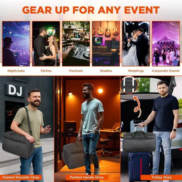 Alt view image 7 of 7 - Cable Bag Organizer & DJ Bag for Musicians: Heavy Duty Gig Bag with 17" Laptop Sleeve, Dividers for DJ Accessories, Gear & Cable Storage for Microphones, Sound, Lighting, Cords