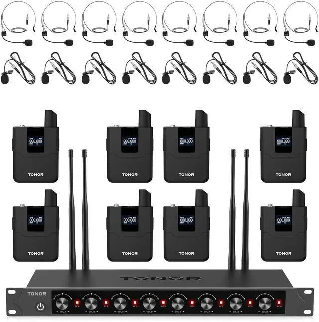 Main image of Wireless Microphones System with 8x12 Channels Headset/Lavalier Lapel Mics, Bodypack Transmitter, Receiver, 90 m/295ft UHF Range for Church Conference Performance Singing Karaoke PA Speaker