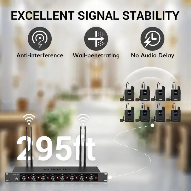 Alt view image 2 of 7 - Wireless Microphones System with 8x12 Channels Headset/Lavalier Lapel Mics, Bodypack Transmitter, Receiver, 90 m/295ft UHF Range for Church Conference Performance Singing Karaoke PA Speaker