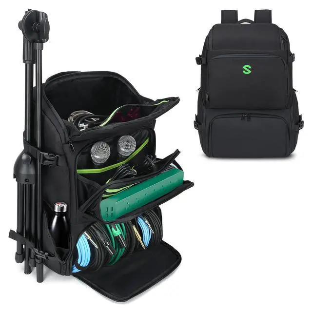 Alt view image 7 of 7 - DJ Accessories Transport Pack - Large Gear Bag for Solo Musicians, DJ Equipment, Mic Stands, and Cables - Durable Gig Backpack