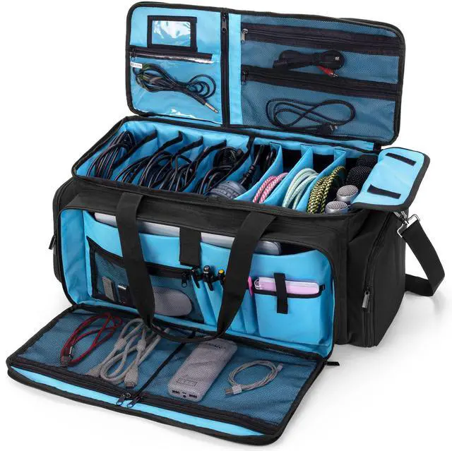 Main image of Large DJ Gig Bag with Padded Bottom & Detachable Dividers | Travel Cable File Case, DJ Gear Storage Organizer for Microphones, 14" Laptop, Sound Equipment & Music Instrument, Bag Only