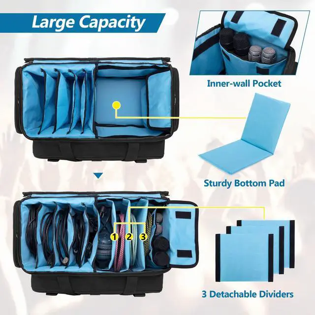Alt view image 2 of 7 - Large DJ Gig Bag with Padded Bottom & Detachable Dividers | Travel Cable File Case, DJ Gear Storage Organizer for Microphones, 14" Laptop, Sound Equipment & Music Instrument, Bag Only