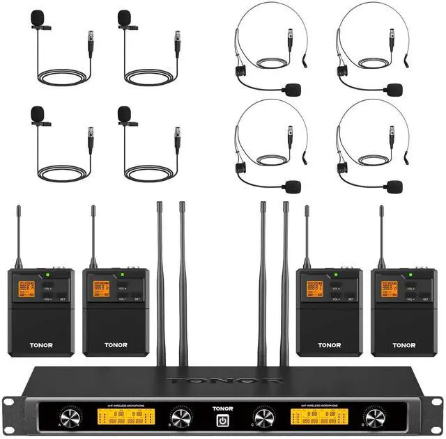 Main image of UHF Wireless Microphones System with Headset/Lavalier Lapel Mics, Bodypack Transmitter, Receiver, 4 * 10 Channels, 90 m/295ft Range for Live Singing Karaoke Church Party DJ, 4 Bodypack Mics