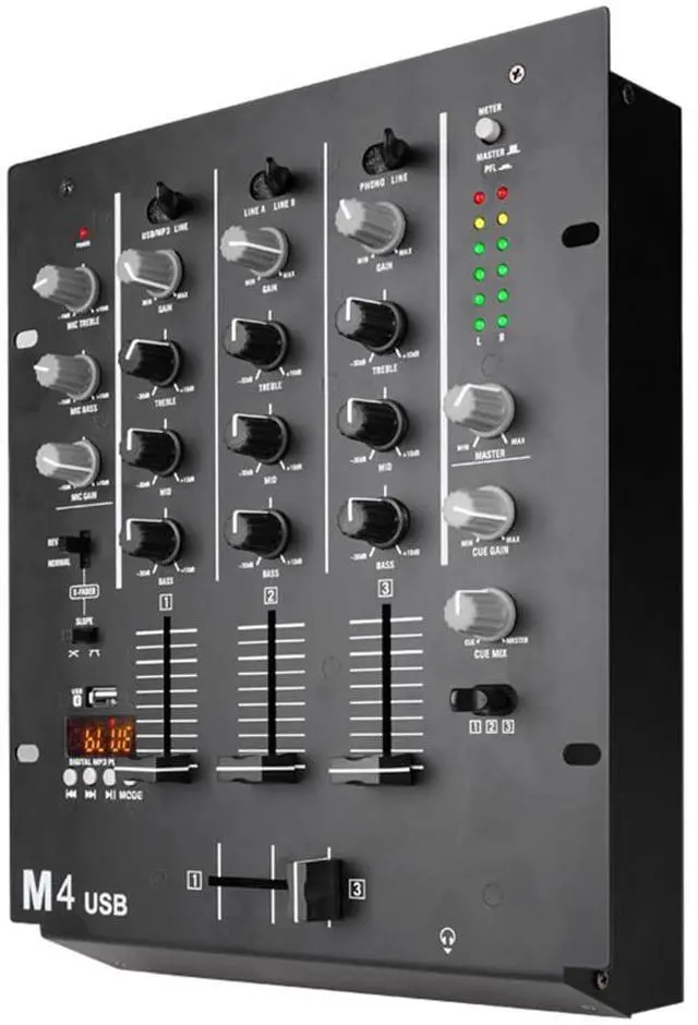 Main image of DJ-M4 Black 4-Channel Aduio Mixer, Bluetooth & USB Audio Mixer with Crossfader, 3-Band EQ, Gain Control, and Cue Monitor Function - Professional Soundboard for Parties, Clubs, Karaoke