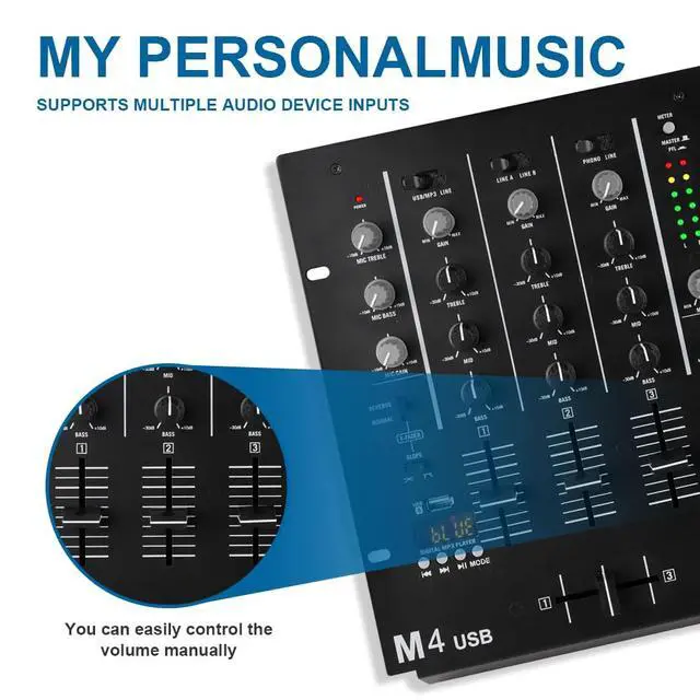 Alt view image 4 of 7 - DJ-M4 Black 4-Channel Aduio Mixer, Bluetooth & USB Audio Mixer with Crossfader, 3-Band EQ, Gain Control, and Cue Monitor Function - Professional Soundboard for Parties, Clubs, Karaoke