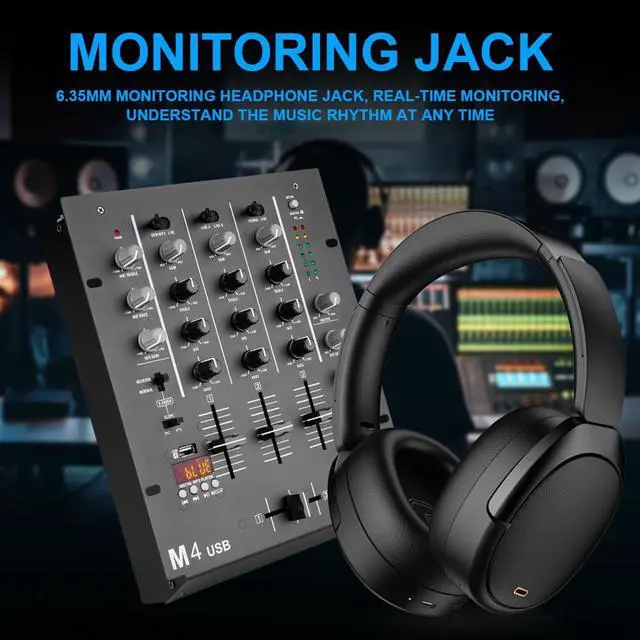 Alt view image 5 of 7 - DJ-M4 Black 4-Channel Aduio Mixer, Bluetooth & USB Audio Mixer with Crossfader, 3-Band EQ, Gain Control, and Cue Monitor Function - Professional Soundboard for Parties, Clubs, Karaoke