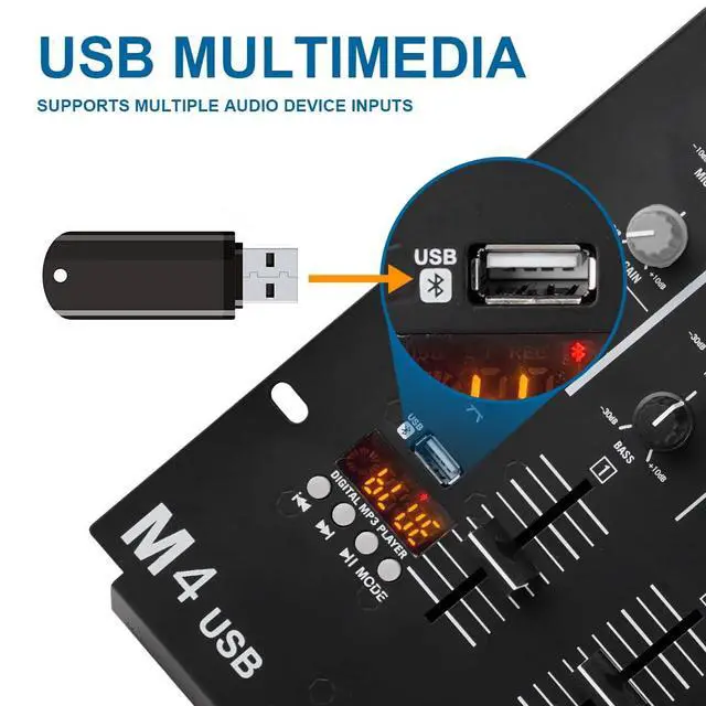 Alt view image 3 of 7 - DJ-M4 Black 4-Channel Aduio Mixer, Bluetooth & USB Audio Mixer with Crossfader, 3-Band EQ, Gain Control, and Cue Monitor Function - Professional Soundboard for Parties, Clubs, Karaoke