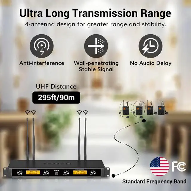 Alt view image 3 of 7 - UHF Wireless Microphones System with Headset/Lavalier Lapel Mics, Bodypack Transmitter, Receiver, 4 * 10 Channels, 90 m/295ft Range for Live Singing Karaoke Church Party DJ, 4 Bodypack Mics