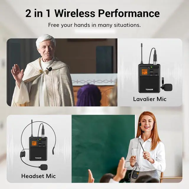 Alt view image 7 of 7 - UHF Wireless Microphones System with Headset/Lavalier Lapel Mics, Bodypack Transmitter, Receiver, 4 * 10 Channels, 90 m/295ft Range for Live Singing Karaoke Church Party DJ, 4 Bodypack Mics