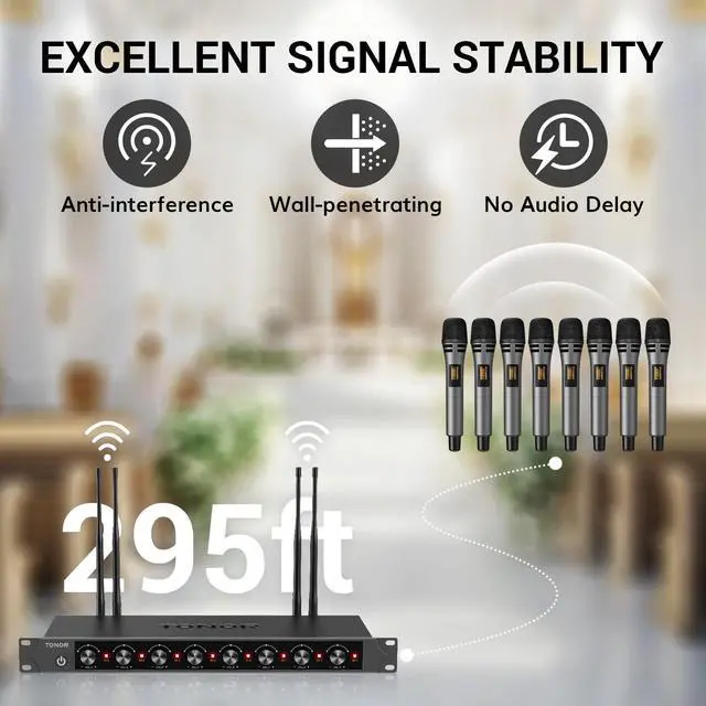 Alt view image 2 of 7 - Wireless Microphones System with 8x12 Channels Cordless Handheld Microfono Inalambrico, 90 m/295FT UHF Range, Mics with Stable Signal, Quick Mute for Karaoke Singing Party Church Wedding