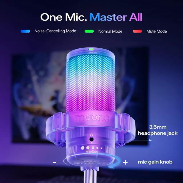 Alt view image 5 of 7 - DGM20S USB Microphone for PC with Clear Voice & Noise Reduction | RGB Lighting, Tap-to-Mute, Gain Control, Monitoring and Boom Arm for Discord Gaming, Streaming, Content Creation.Purple
