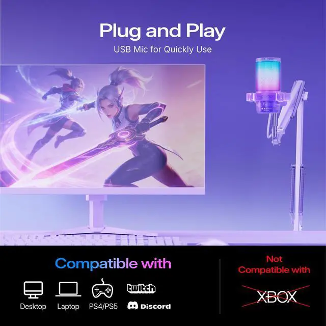 Alt view image 7 of 7 - DGM20S USB Microphone for PC with Clear Voice & Noise Reduction | RGB Lighting, Tap-to-Mute, Gain Control, Monitoring and Boom Arm for Discord Gaming, Streaming, Content Creation.Purple