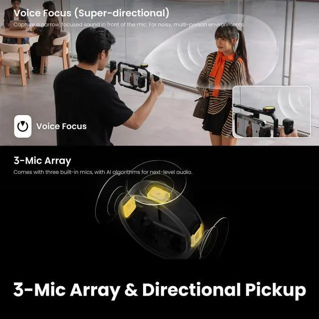 Alt view image 3 of 7 - Mic Pro Transmitter, Wireless Mini Lavalier Microphone for iPhone/Camera/Android, Video Recording, Bluetooth, Customizable E-Ink Display, 3-Mic Array, 32-bit Float Internal Recording