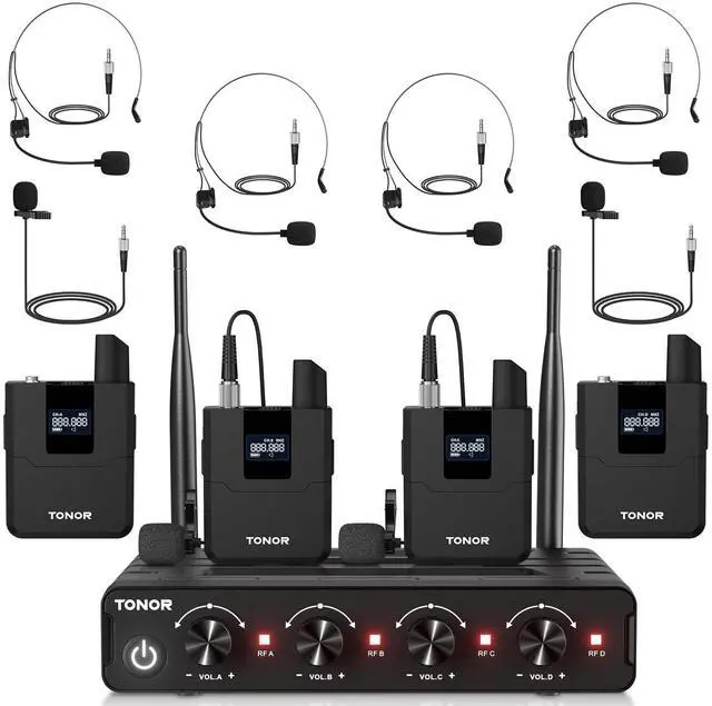 Main image of Wireless Microphones System with UHF Headset/Lavalier Lapel Mics, Bodypack Transmitter, Receiver, 4 * 10 Channels, 60 m/200ft Range for Church Conference Performance Singing Karaoke PA Speaker