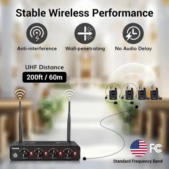 Alt view image 4 of 7 - Wireless Microphones System with UHF Headset/Lavalier Lapel Mics, Bodypack Transmitter, Receiver, 4 * 10 Channels, 60 m/200ft Range for Church Conference Performance Singing Karaoke PA Speaker
