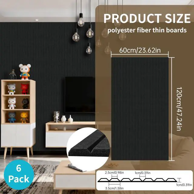 Alt view image 3 of 7 - 6 Pack Large Acoustic Panels, 47.2×23.6×0.4 inches, Soundproof Panels for Wall, Suitable for Media Room, Office Studio&Home(Black)