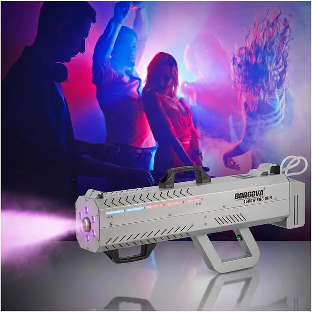 Main image of 1500W Handheld Fog Cannon 7-Color LED Timer Smoke Gun | 20-26ft Fog Range, Dual Use Handheld/Stand Design, Shoulder Strap, for Halloween, Weddings, Stage Shows, DJ Clubs