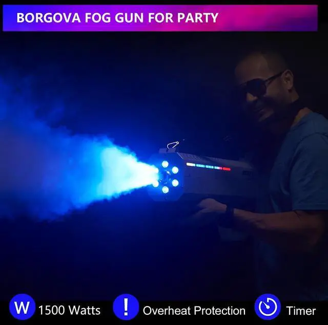 Alt view image 2 of 7 - 1500W Handheld Fog Cannon 7-Color LED Timer Smoke Gun | 20-26ft Fog Range, Dual Use Handheld/Stand Design, Shoulder Strap, for Halloween, Weddings, Stage Shows, DJ Clubs