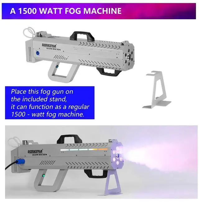 Alt view image 5 of 7 - 1500W Handheld Fog Cannon 7-Color LED Timer Smoke Gun | 20-26ft Fog Range, Dual Use Handheld/Stand Design, Shoulder Strap, for Halloween, Weddings, Stage Shows, DJ Clubs