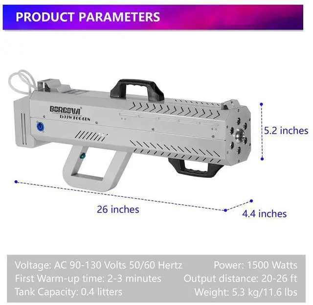 Alt view image 6 of 7 - 1500W Handheld Fog Cannon 7-Color LED Timer Smoke Gun | 20-26ft Fog Range, Dual Use Handheld/Stand Design, Shoulder Strap, for Halloween, Weddings, Stage Shows, DJ Clubs