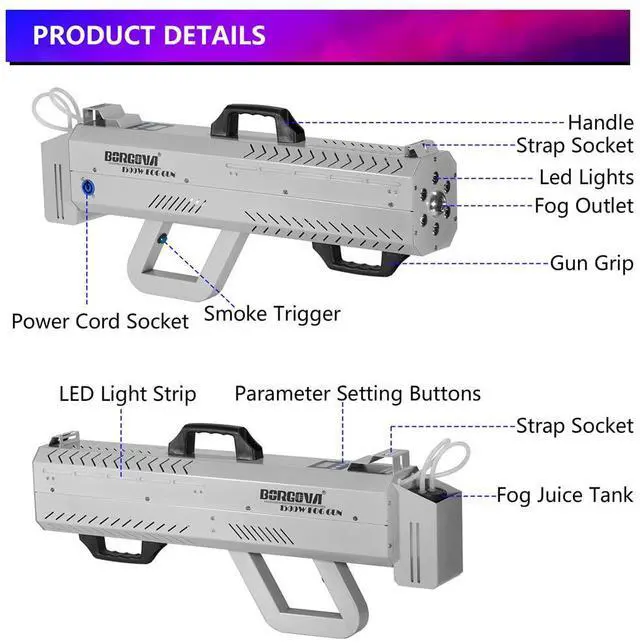 Alt view image 7 of 7 - 1500W Handheld Fog Cannon 7-Color LED Timer Smoke Gun | 20-26ft Fog Range, Dual Use Handheld/Stand Design, Shoulder Strap, for Halloween, Weddings, Stage Shows, DJ Clubs