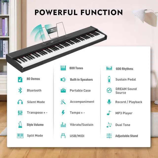 Alt view image 2 of 7 - 88 Key Piano Keyboard Semi Weighted, Portable Digital Piano MEP-2400 | 800 Tones, 600 Rhythms, 80 Demo, Height-Adjustable Stand, Carrying Case, USB MIDI, Wireless Connection, Sustain Pedal, Black