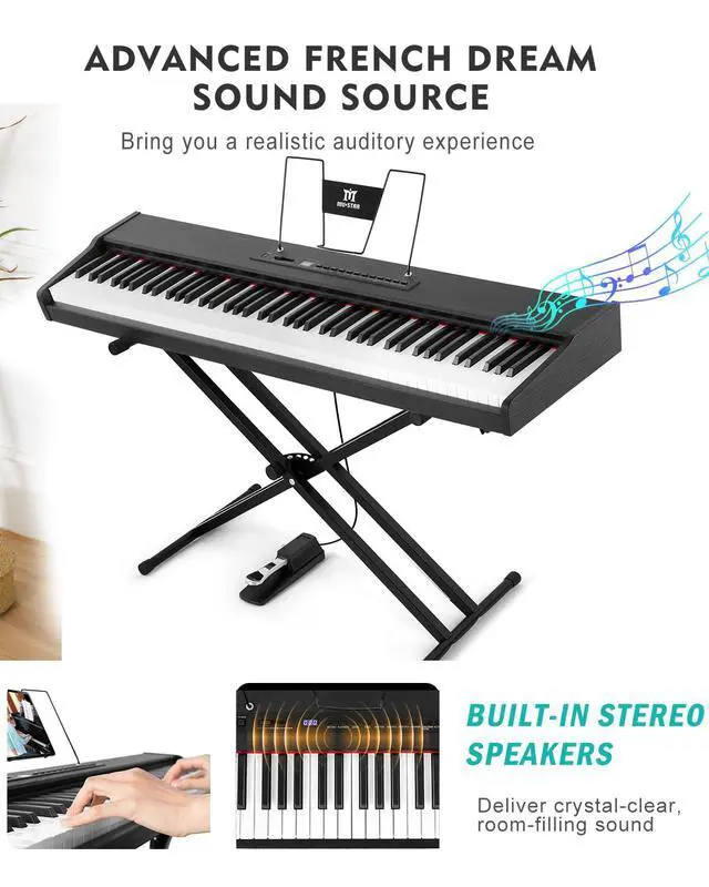 Alt view image 3 of 7 - 88 Key Piano Keyboard Semi Weighted, Portable Digital Piano MEP-2400 | 800 Tones, 600 Rhythms, 80 Demo, Height-Adjustable Stand, Carrying Case, USB MIDI, Wireless Connection, Sustain Pedal, Black