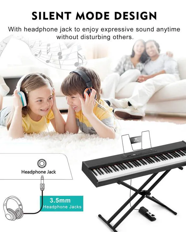 Alt view image 4 of 7 - 88 Key Piano Keyboard Semi Weighted, Portable Digital Piano MEP-2400 | 800 Tones, 600 Rhythms, 80 Demo, Height-Adjustable Stand, Carrying Case, USB MIDI, Wireless Connection, Sustain Pedal, Black