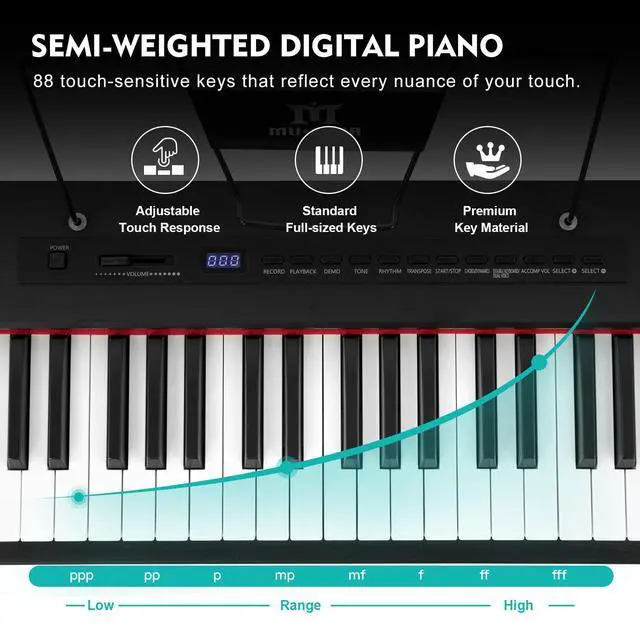 Alt view image 5 of 7 - 88 Key Piano Keyboard Semi Weighted, Portable Digital Piano MEP-2400 | 800 Tones, 600 Rhythms, 80 Demo, Height-Adjustable Stand, Carrying Case, USB MIDI, Wireless Connection, Sustain Pedal, Black