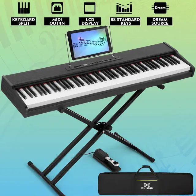 Alt view image 7 of 7 - 88 Key Piano Keyboard Semi Weighted, Portable Digital Piano MEP-2400 | 800 Tones, 600 Rhythms, 80 Demo, Height-Adjustable Stand, Carrying Case, USB MIDI, Wireless Connection, Sustain Pedal, Black