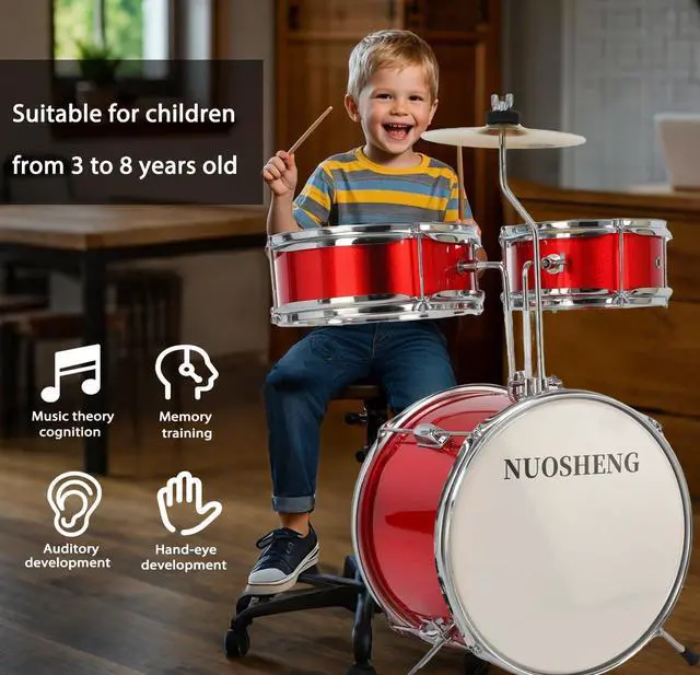 Alt view image 2 of 7 - 3-Piece 13 Inch Kids Drum Set, Beginner Junior Drum Kit with Adjustable Throne Cymbal Pedal Wooden Drumsticks, Poplar Hardwood Educational Musical Toy Gift for Boys Girls 3-9 Years Old