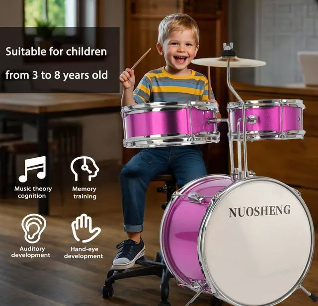 Alt view image 2 of 7 - Kids Drum Set, 3-Piece Junior Kit for Beginners, 13 Inch, with Adjustable Throne, Cymbal, Pedal & Drumsticks, Pink