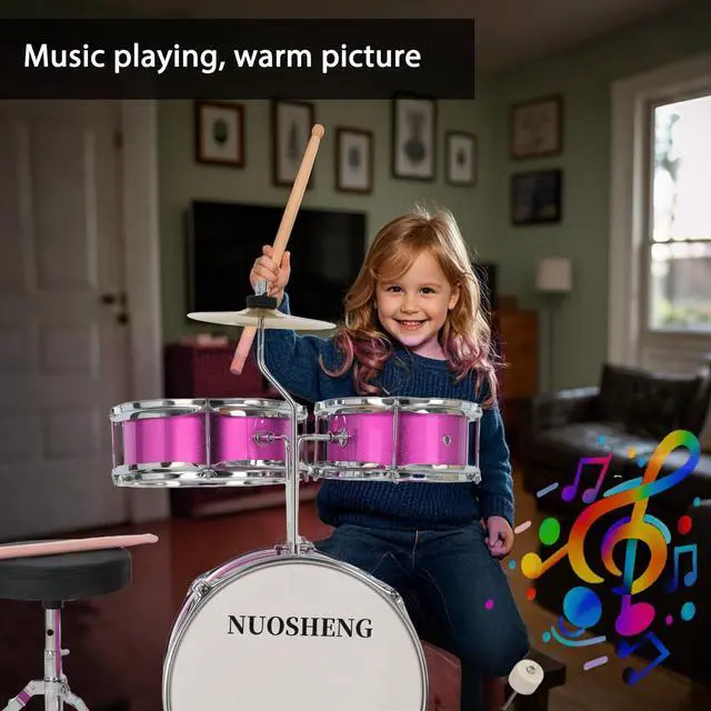 Alt view image 3 of 7 - Kids Drum Set, 3-Piece Junior Kit for Beginners, 13 Inch, with Adjustable Throne, Cymbal, Pedal & Drumsticks, Pink