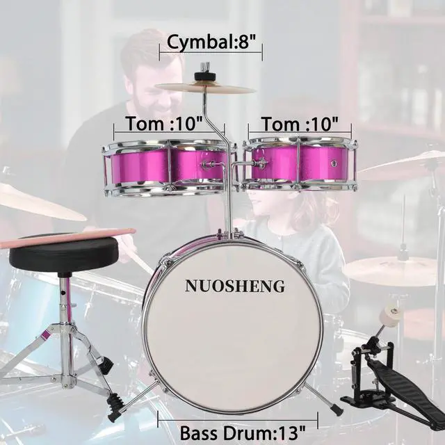 Alt view image 4 of 7 - Kids Drum Set, 3-Piece Junior Kit for Beginners, 13 Inch, with Adjustable Throne, Cymbal, Pedal & Drumsticks, Pink