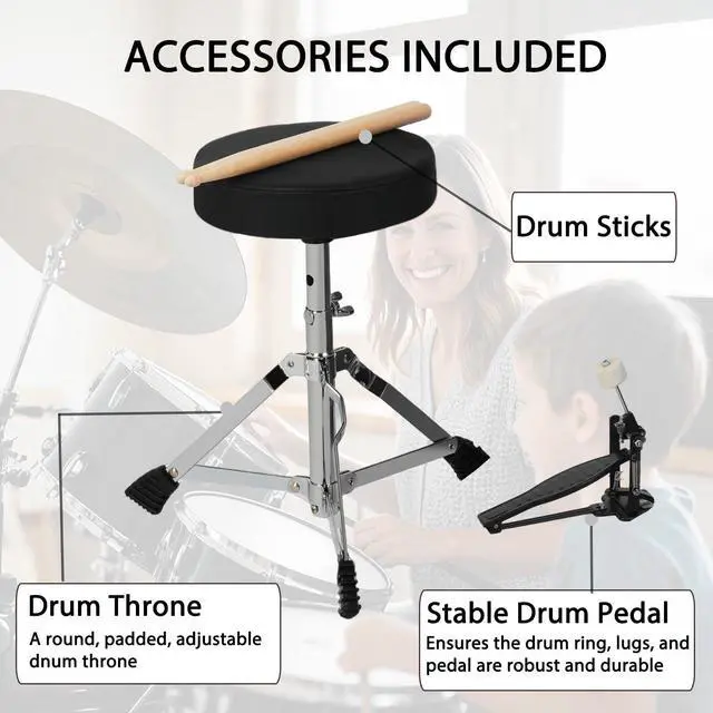Alt view image 5 of 7 - Kids Drum Set, 3-Piece Junior Kit for Beginners, 13 Inch, with Adjustable Throne, Cymbal, Pedal & Drumsticks, Pink