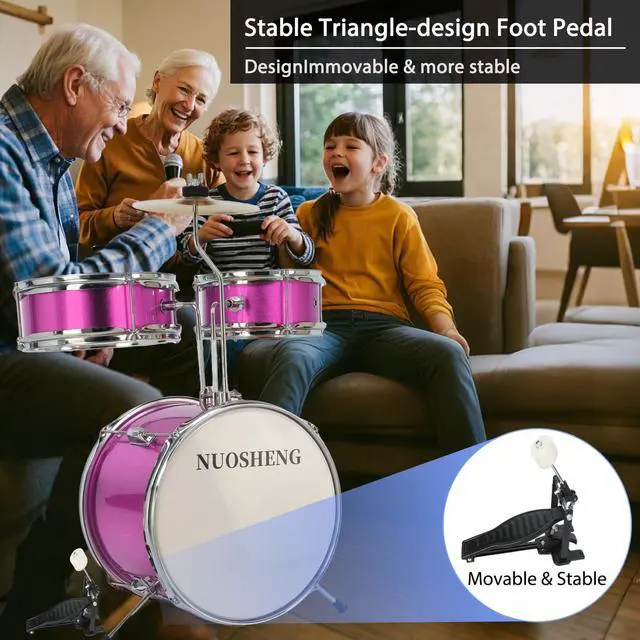 Alt view image 7 of 7 - Kids Drum Set, 3-Piece Junior Kit for Beginners, 13 Inch, with Adjustable Throne, Cymbal, Pedal & Drumsticks, Pink