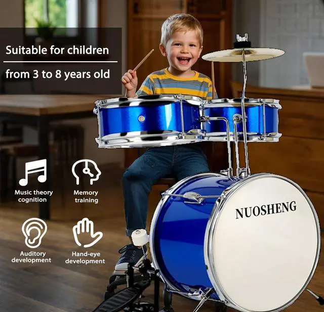 Alt view image 2 of 7 - Kids Drum Set 3-Piece for Beginners, 13 Inch Complete Junior Drum Kit with Bass Tom Snare Drum,Adjustable Throne, Cymbal, Pedal &Drumsticks, Poplar Hardwood Educational Musical Toy