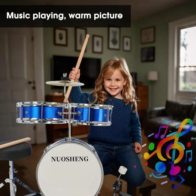 Alt view image 3 of 7 - Kids Drum Set 3-Piece for Beginners, 13 Inch Complete Junior Drum Kit with Bass Tom Snare Drum,Adjustable Throne, Cymbal, Pedal &Drumsticks, Poplar Hardwood Educational Musical Toy