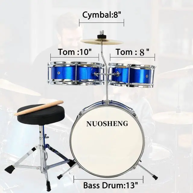 Alt view image 5 of 7 - Kids Drum Set 3-Piece for Beginners, 13 Inch Complete Junior Drum Kit with Bass Tom Snare Drum,Adjustable Throne, Cymbal, Pedal &Drumsticks, Poplar Hardwood Educational Musical Toy