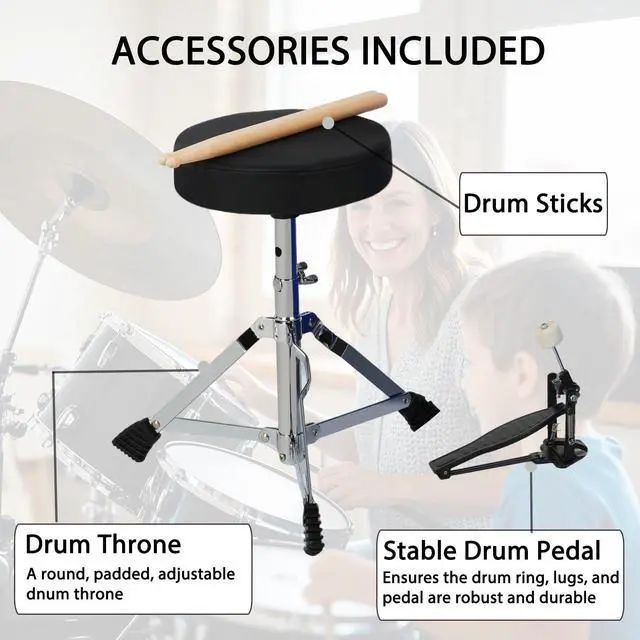 Alt view image 7 of 7 - 3-Piece 13 Inch Kids Drum Set, Beginner Junior Drum Kit with Adjustable Throne Cymbal Pedal Wooden Drumsticks, Poplar Hardwood Educational Musical Toy Gift for Boys Girls 3-9 Years Old