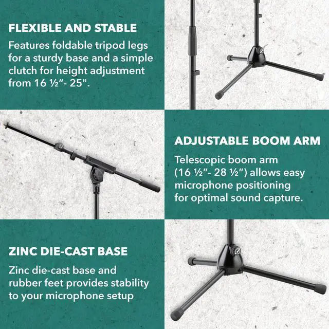 Alt view image 2 of 6 - König & Meyer 25977.500.55 Microphone Stand - Adjustable Telescoping 2-Piece Boom Arm - Shorter Low-Level Height with Folding Leg Base - Professional Grade - German Made - Black